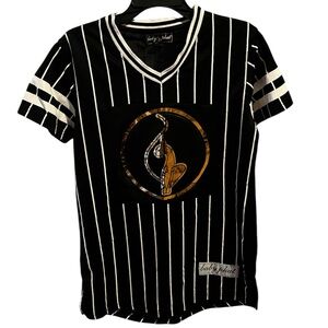 Baby Phat Top - Black White Vertical Striped Jersey - Golden Cat - Size M